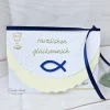 Glückwunschkarte Weiß-Creme Holzfisch blau-gold zur Kommunion