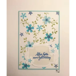 Glückwunschkarte zum Geburtstag mit Grußtext und Türkis-Grünen Blüten aus Karton handgefertigt gebastelt