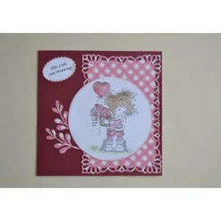 Glückwunschkarte zum Muttertag. Stempelmotiv "Mädchen mit Luftballon" in rot-rosa