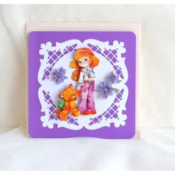 Glückwunschkarte zum Schulanfang Mädchen mit Bär lila-creme (6)