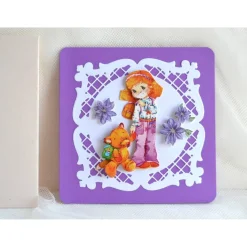 Glückwunschkarte zum Schulanfang Mädchen mit Bär lila-creme (6)