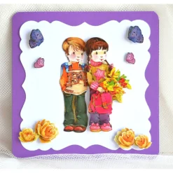 Glückwunschkarte zum Schulanfang Junge und Mädchen, lila-flieder (3)