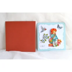 Glückwunschkarte zum Schulanfang Mädchen mit Puppe hellblau-rostrot (5)