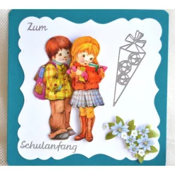 Glückwunschkarte zum Schulanfang Junge und Mädchen blau-beige (2)