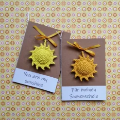 Glückwunschkarte zur Geburt - Für meinen Sonnenschein - Sonne gehäkelt mit Wunschtext