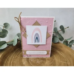 Glückwunschkarte zur Geburt, Taufe oder Kindergeburtstag mit Regenbogen Rosa