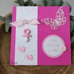 Glückwunschkarte zur Geburt BABY Mädchen rosa-pink-weiß mit Schmetterling