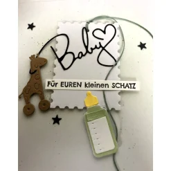 Glückwunschkarte zur Geburt/Taufe Mädchen Junge , 3D ,Bunt mit Trinkfläschchen,Giraffe, Sternen, Handarbeit 15x15 cm