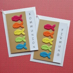 Glückwunschkarte zur Kommunion Firmung Konfirmation mit Regenbogen-Fischen gehäkelt
