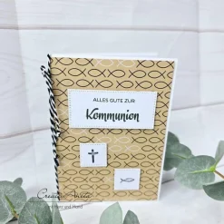 Glückwunschkarte zur Kommunion in Natur-Weiß handgestempelt