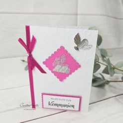 Glückwunschkarte zur Kommunion - weiß-pink-silber mit Taube