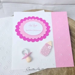 Glückwunschkarte zur Taufe ROSA mit Schnuller, Fläschchen - Mädchen