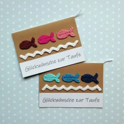 Glückwunschkarte zur Taufe mit Fischen und Wasser gehäkelt mit Wunschtext