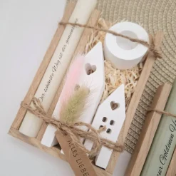 Goldene Hochzeit Geschenk zum 50. Hochzeitstag Häuser / Lichthäuser Kerzenhalter rund Stabkerze Kerzenbox Holzbox Mitbri