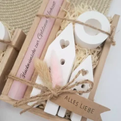 Goldene Hochzeit Geschenk zum 50. Hochzeitstag Häuser / Lichthäuser Kerzenhalter rund Stabkerze Kerzenbox Holzbox Mitbri