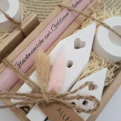 Goldene Hochzeit Geschenk zum 50. Hochzeitstag Häuser / Lichthäuser Kerzenhalter rund Stabkerze Kerzenbox Holzbox Mitbri