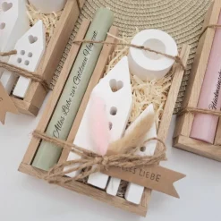 Goldene Hochzeit Geschenk zum 50. Hochzeitstag Häuser / Lichthäuser Kerzenhalter rund Stabkerze Kerzenbox Holzbox Mitbri