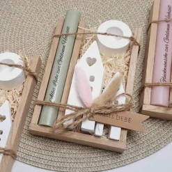 Goldene Hochzeit Geschenk zum 50. Hochzeitstag Häuser / Lichthäuser Kerzenhalter rund Stabkerze Kerzenbox Holzbox Mitbri