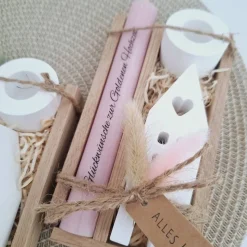 Goldene Hochzeit Geschenk zum 50. Hochzeitstag Haus / Lichthaus Kerzenhalter rund Stabkerze Kerzenbox Holzbox Mitbringse