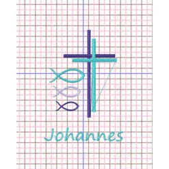 Gotteslob Filzhülle, grau, bestickt mit 2 Kreuzen und 3 Fischen, personalisierbar