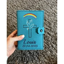 Gotteslob Hülle Kreuz mit Kreuz und Taube Regenbogen mit Name und Datum - Normalausgabe - Kommunion