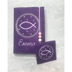 Gotteslobhülle + Rosenkranztasche Fisch im Kreis Hülle Geschenk Kommunion Set Firmung Geschenkidee personalisiert