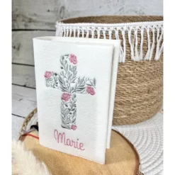 Gotteslobhülle beige Kreuz mit Blumen Gebetbuchhülle Filz personalisiert