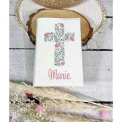 Gotteslobhülle beige Kreuz mit Blumen Gebetbuchhülle Filz personalisiert