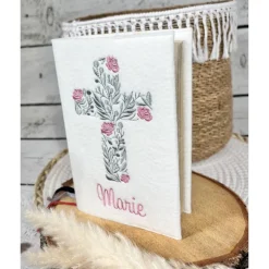 Gotteslobhülle beige Kreuz mit Blumen Gebetbuchhülle Filz personalisiert