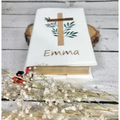 Gotteslobhülle beige Kreuz mit Blätter Efeu Gebetbuchhülle Filz personalisiert