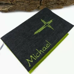 Gotteslobhülle Bibelhülle mit eingesticktem Namen und Kreuz, Geschenk zur Kommunion Konfirmation