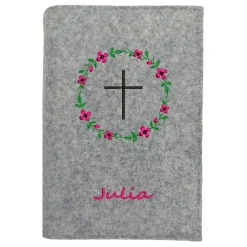 Gotteslobhülle Blumenkranz Kreuz Name personalisiert. Filz vegan K109