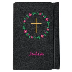 Gotteslobhülle Blumenkranz Kreuz Name personalisierbar. Filz