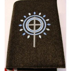 Gotteslobhülle Einband handgefertigt Filz 3mm anthrazit Kreise Strahen Kreuz blau personalisierbar Namen Datum bestickt