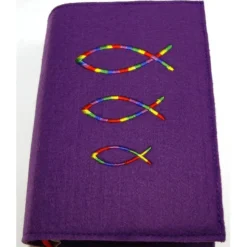 Gotteslobhülle, Einband handgefertigt Filz 3mm lila Regenbogenfischen personalisierbar mit Name und Datum bestickt bunt