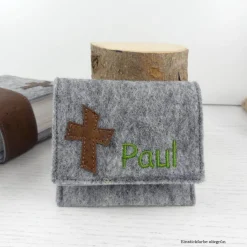 Gotteslobhülle Filz grau personalisiert – Bibelhülle mit Kork, Geschenk zur Konfirmation & Erstkommunion