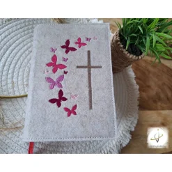 Gotteslobhülle Filz  Kommunion 2025 personalisierbar Schmetterlinge pink 