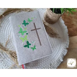 Gotteslobhülle Filz  Kommunion 2025 personalisierbar Schmetterlinge grün 