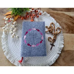 Gotteslobhülle Filz Kommunion 2025 kommt her und esst! personalisierbar Einband Handgemachte Filzhülle Fische pink