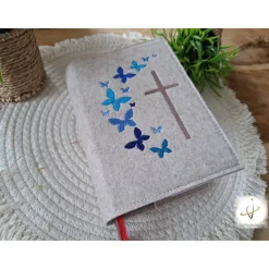 Gotteslobhülle Filz  Kommunion 2025 personalisierbar Schmetterlinge blau 