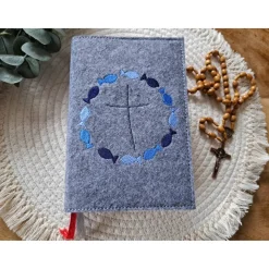Gotteslobhülle Filz Kommunion 2025 kommt her und esst! personalisierbar Einband Handgemachte Filzhülle Fische blau