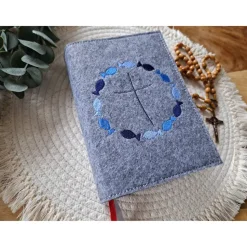 Gotteslobhülle Filz Kommunion 2025 kommt her und esst! personalisierbar Einband Handgemachte Filzhülle Fische blau