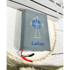 Gotteslobhülle Gebetbuchhülle Kunstleder grau mit Kreuz personalisiert