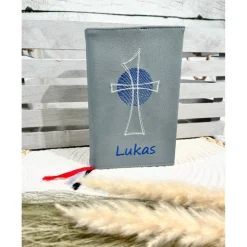 Gotteslobhülle Gebetbuchhülle Kunstleder grau mit Kreuz personalisiert