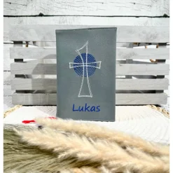 Gotteslobhülle Gebetbuchhülle Kunstleder grau mit Kreuz personalisiert