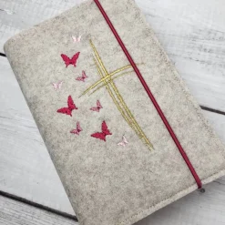 Gotteslobhülle, Gotteslobeinband Schmetterlinge und Kreuz Pink und Gold, Kommunion