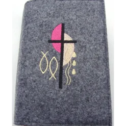 Gotteslobhülle handgefertigt Filz 3mm graumeliert Kreuz Kreise Strahlen Fische personalisierbar Name Datum betickt