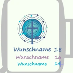 Gotteslobhülle, Kreuz, Kreis, Fische, personalisierbar, Filzhülle grau, Stickgarn blau