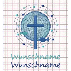 Gotteslobhülle, Kreuz, Kreis, Fische, personalisierbar, Filzhülle grau, Stickgarn blau