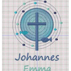 Gotteslobhülle, Kreuz, Kreis, Fische, personalisierbar, Filzhülle grau, Stickgarn blau